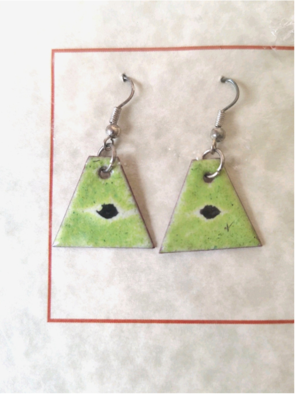 Handmade artisan Enamel On Copper Earrings green & black new